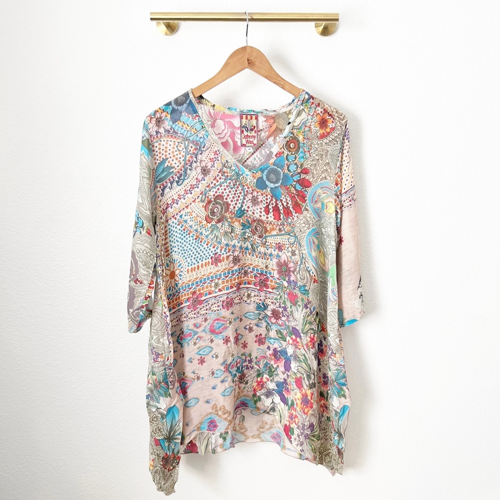Johnny Was Boho Floral V-Neck Tunic Top - Multicolor